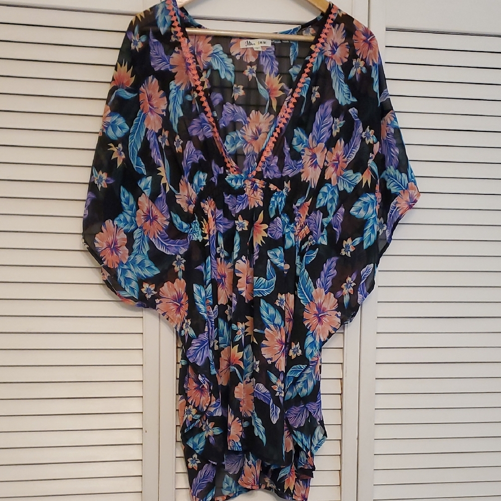 Miken Swim Floral Tropical Swim Cover-Up Kimono, Size XL